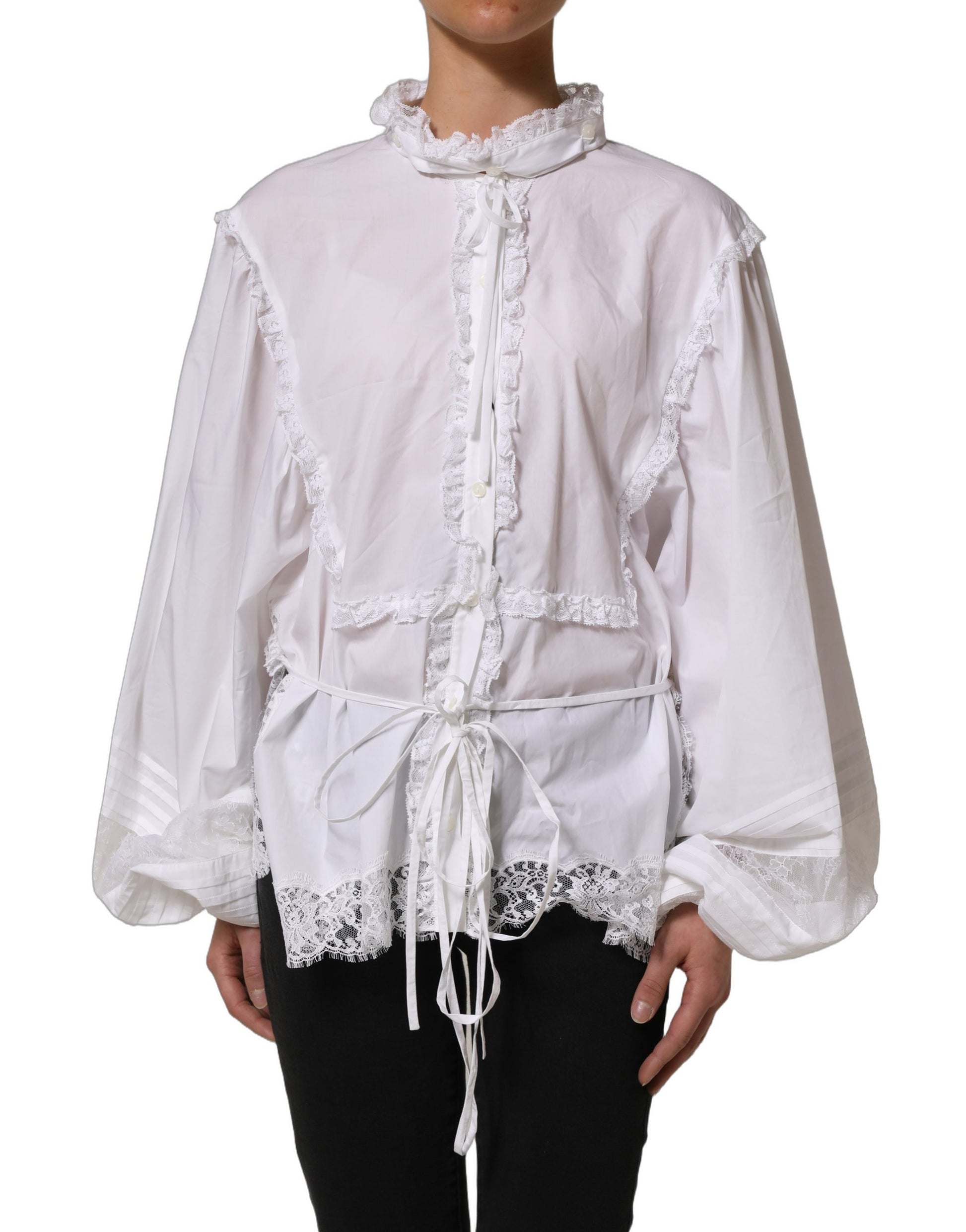 Dolce & Gabbana White Ruffled Lace Embellished Blouse Top Dolce & Gabbana