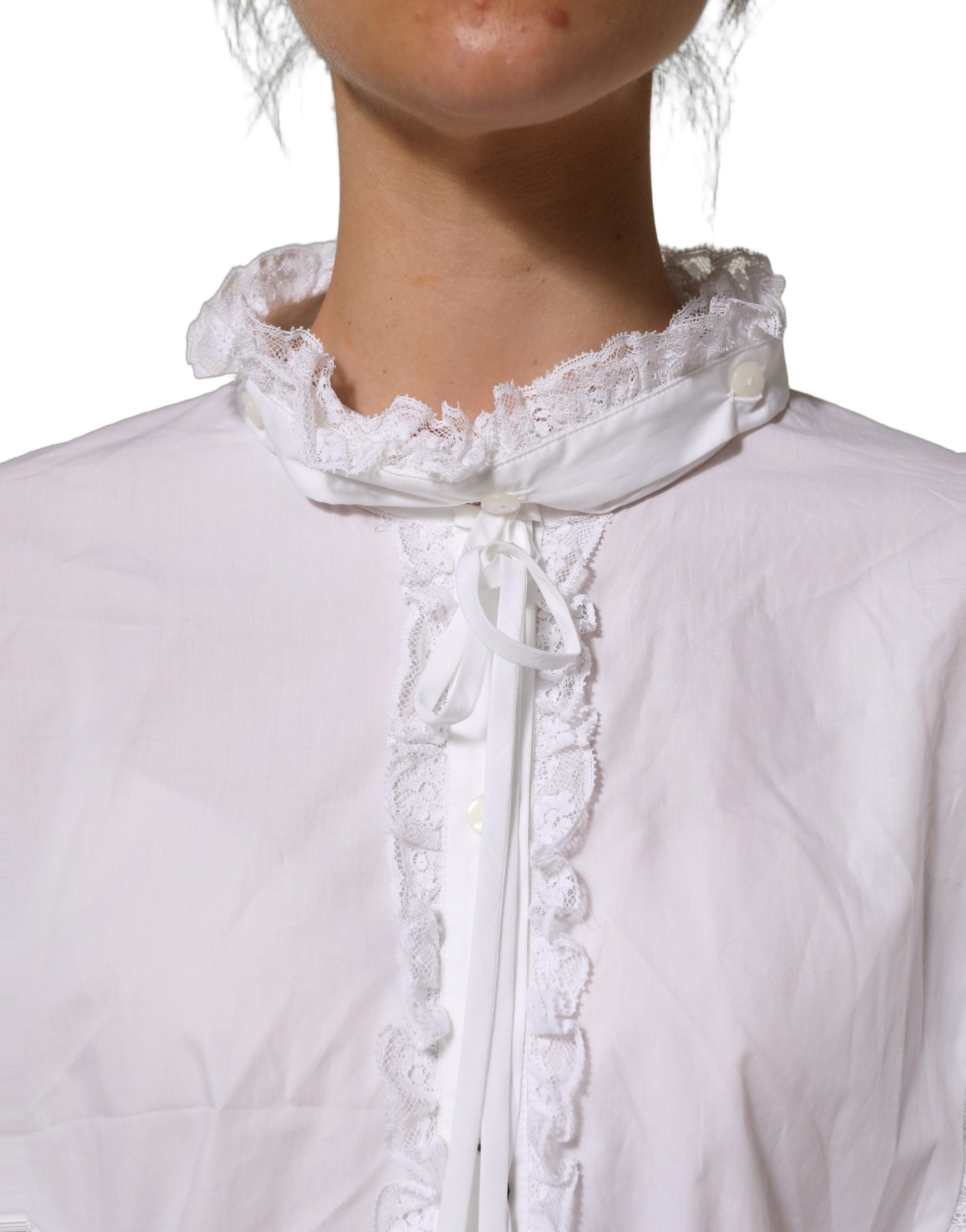Dolce & Gabbana White Ruffled Lace Embellished Blouse Top Dolce & Gabbana