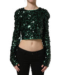 Green sequined Dolce & Gabbana long sleeve crop blouse with fitted design and elegant detailing.