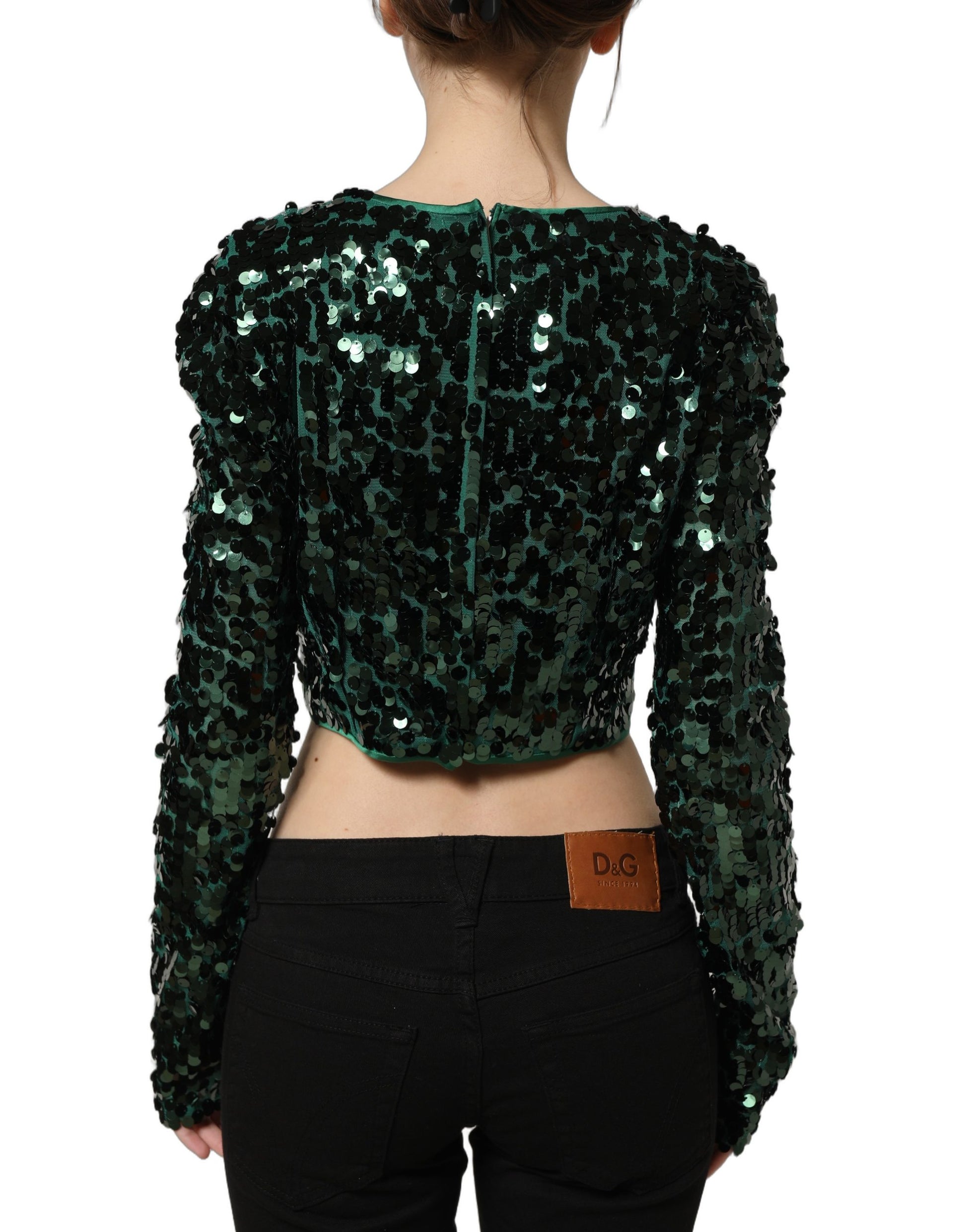Dolce & Gabbana Green Sequined Long Sleeves Crop Blouse Top Dolce & Gabbana