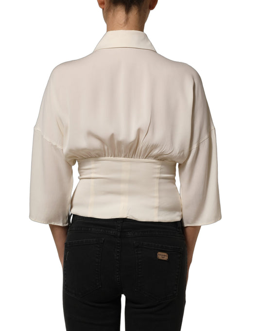 Dolce & Gabbana Off White Ascot Collar Long Sleeves Blouse Top Dolce & Gabbana