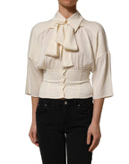 Dolce & Gabbana Off White Ascot Collar Long Sleeves Blouse Top Dolce & Gabbana