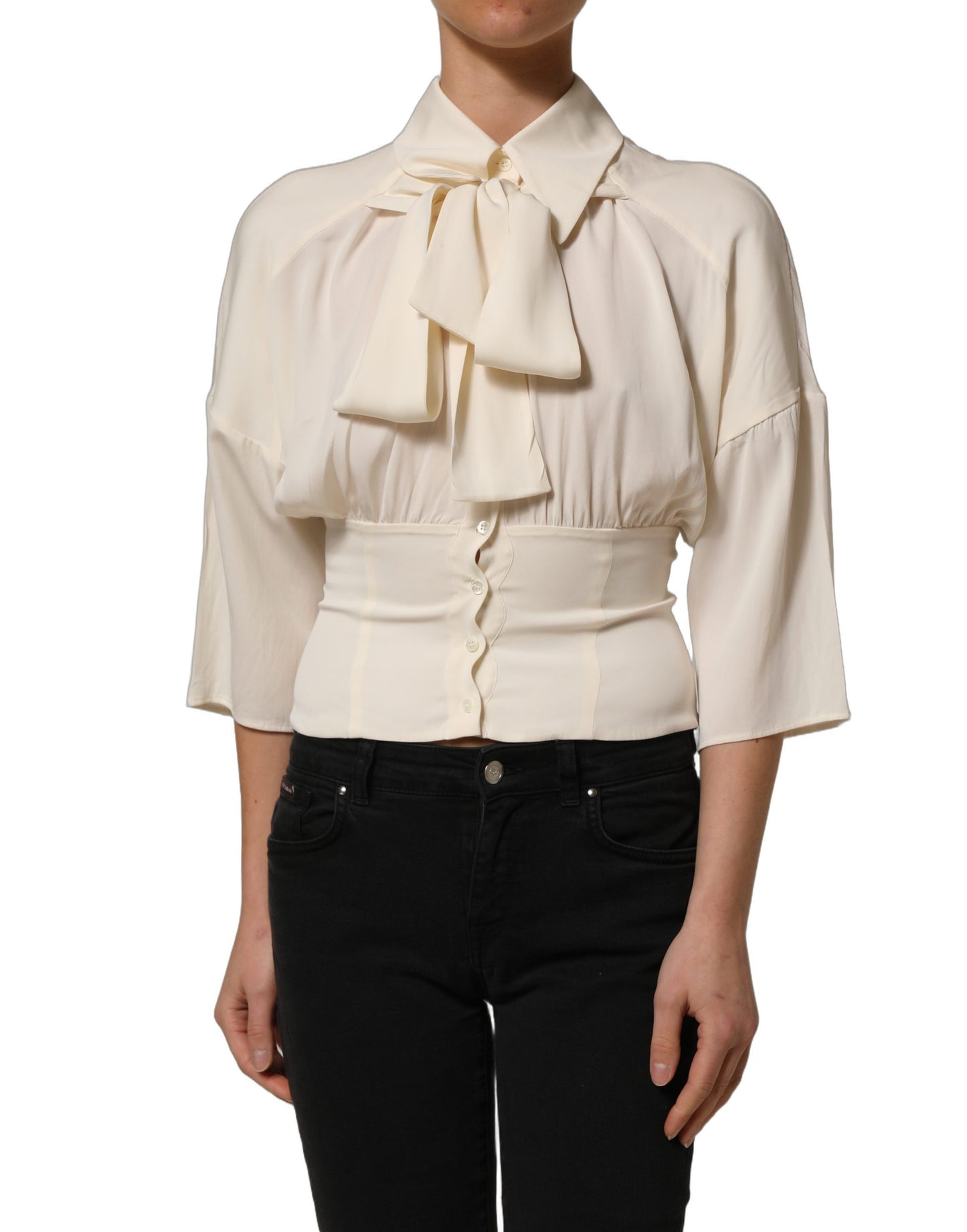 Dolce & Gabbana Off White Ascot Collar Long Sleeves Blouse Top Dolce & Gabbana