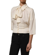 Dolce & Gabbana Off White Ascot Collar Long Sleeves Blouse Top Dolce & Gabbana