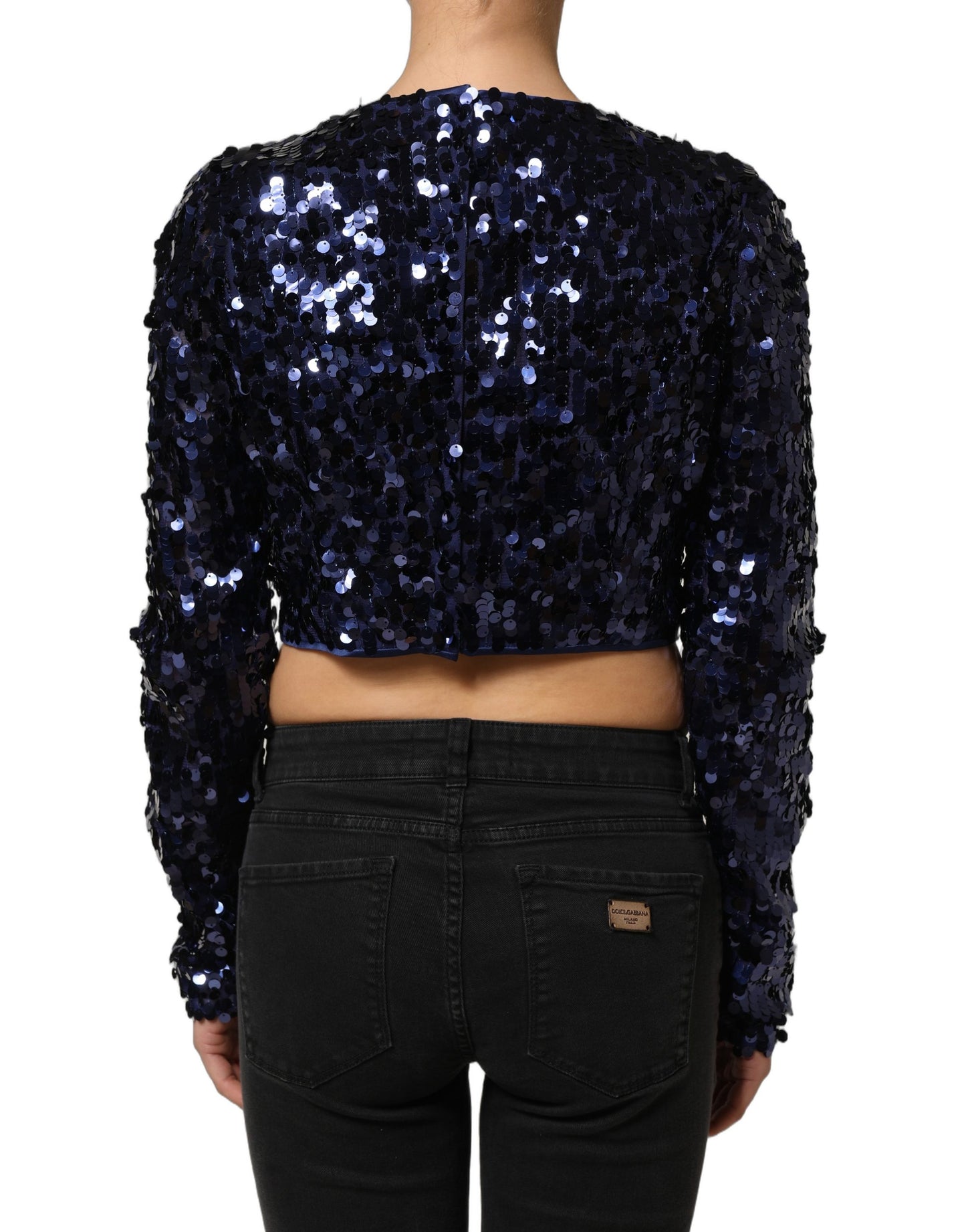Dolce & Gabbana Blue Sequined Long Sleeves Crop Blouse Top Dolce & Gabbana