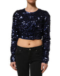 Dolce & Gabbana blue sequined long-sleeve crop blouse top with fitted silhouette and elegant design.