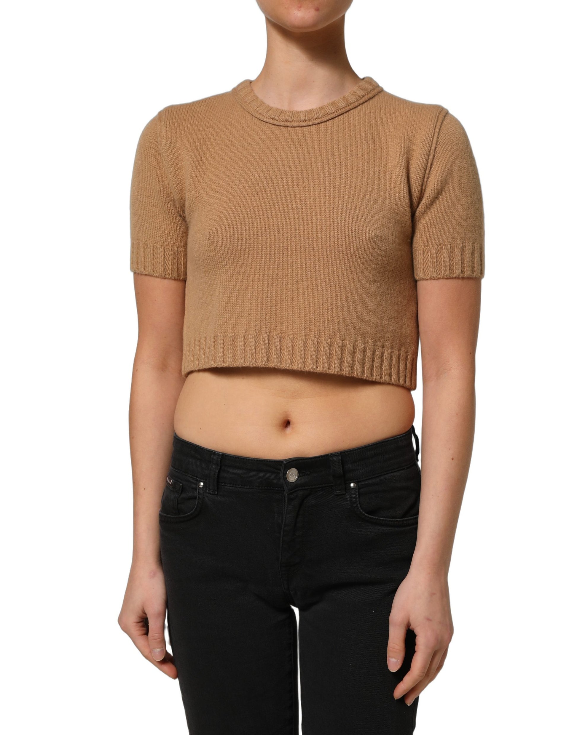 Dolce & Gabbana Brown Wool Short Sleeves Cropped Blouse Top Dolce & Gabbana