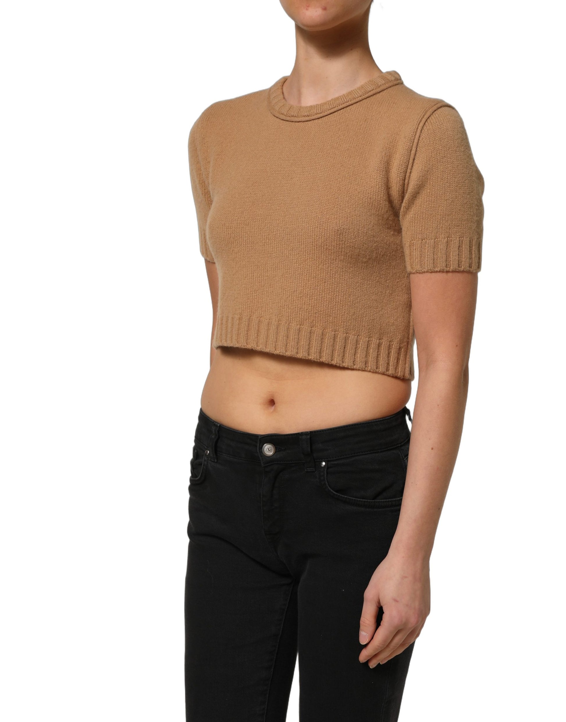 Dolce & Gabbana Brown Wool Short Sleeves Cropped Blouse Top Dolce & Gabbana