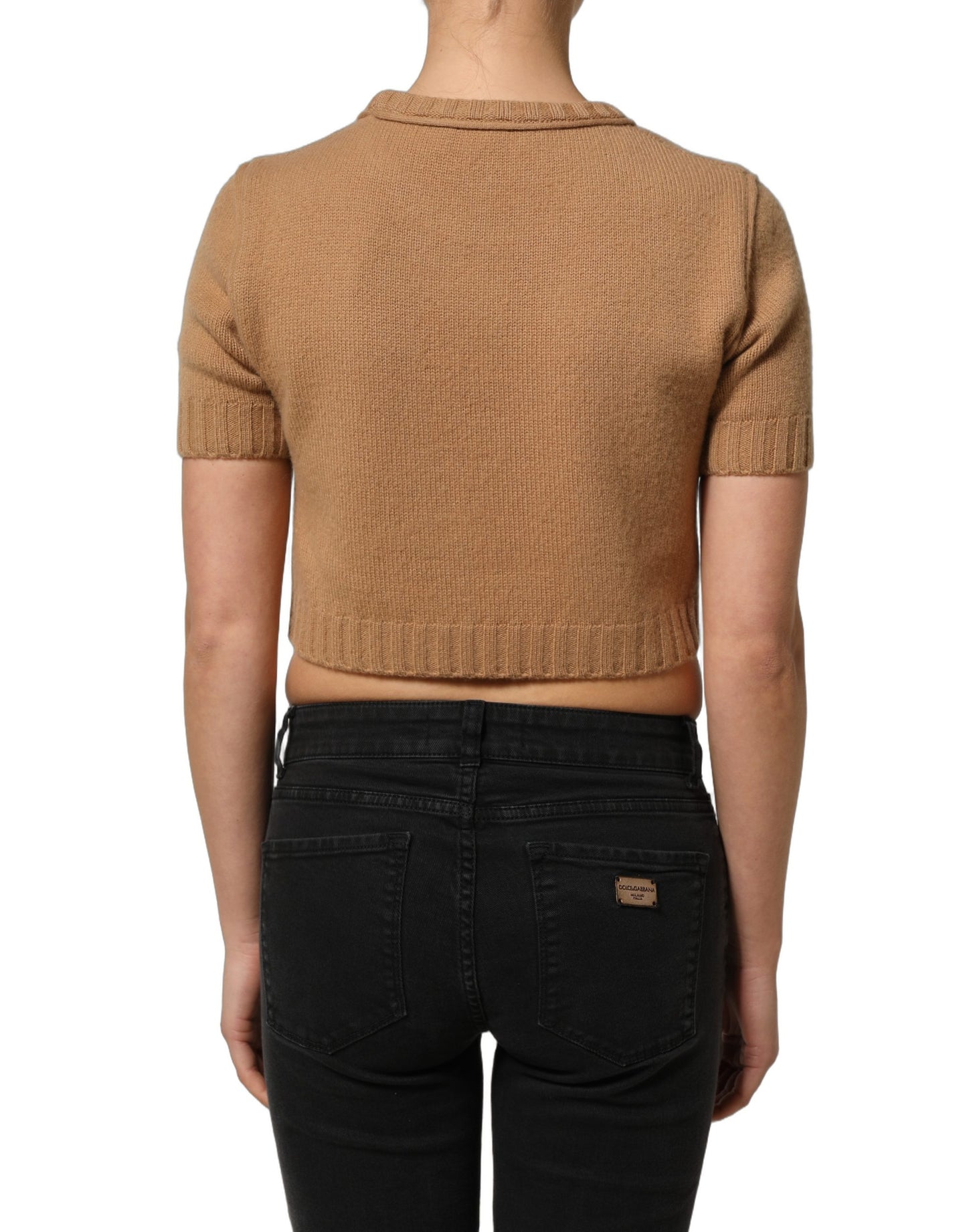 Dolce & Gabbana Brown Wool Short Sleeves Cropped Blouse Top Dolce & Gabbana