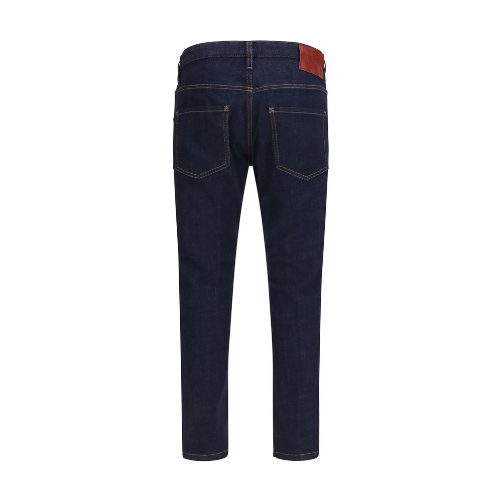 Dsquared² blue cotton slim fit jeans with classic five-pocket design and subtle branding, displayed on a hanger.