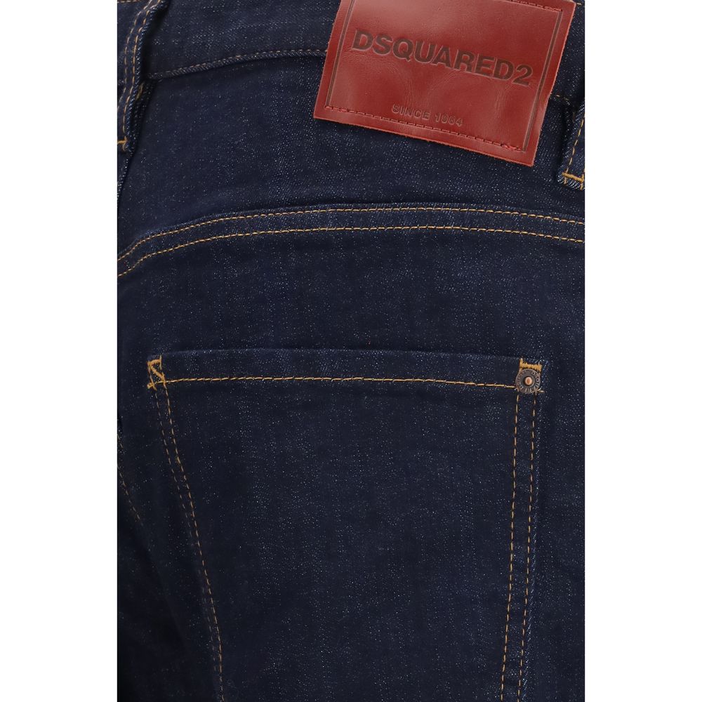Dsquared² blue cotton slim fit jeans displayed on a hanger with a focus on the denim texture and classic five-pocket design.