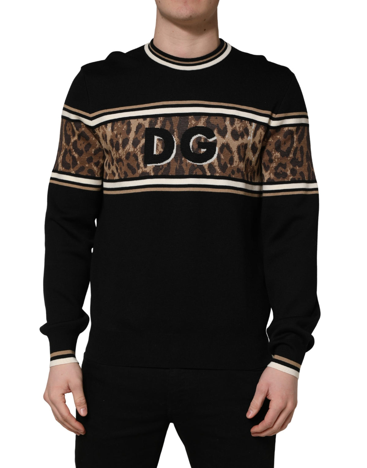 Dolce & Gabbana Black Leopard Wool Crew Neck Men Pullover Sweater