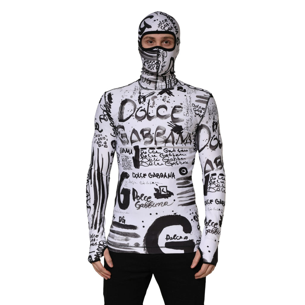 Dolce & Gabbana White Jersey Graffiti Print Balaclava Hood Sweater