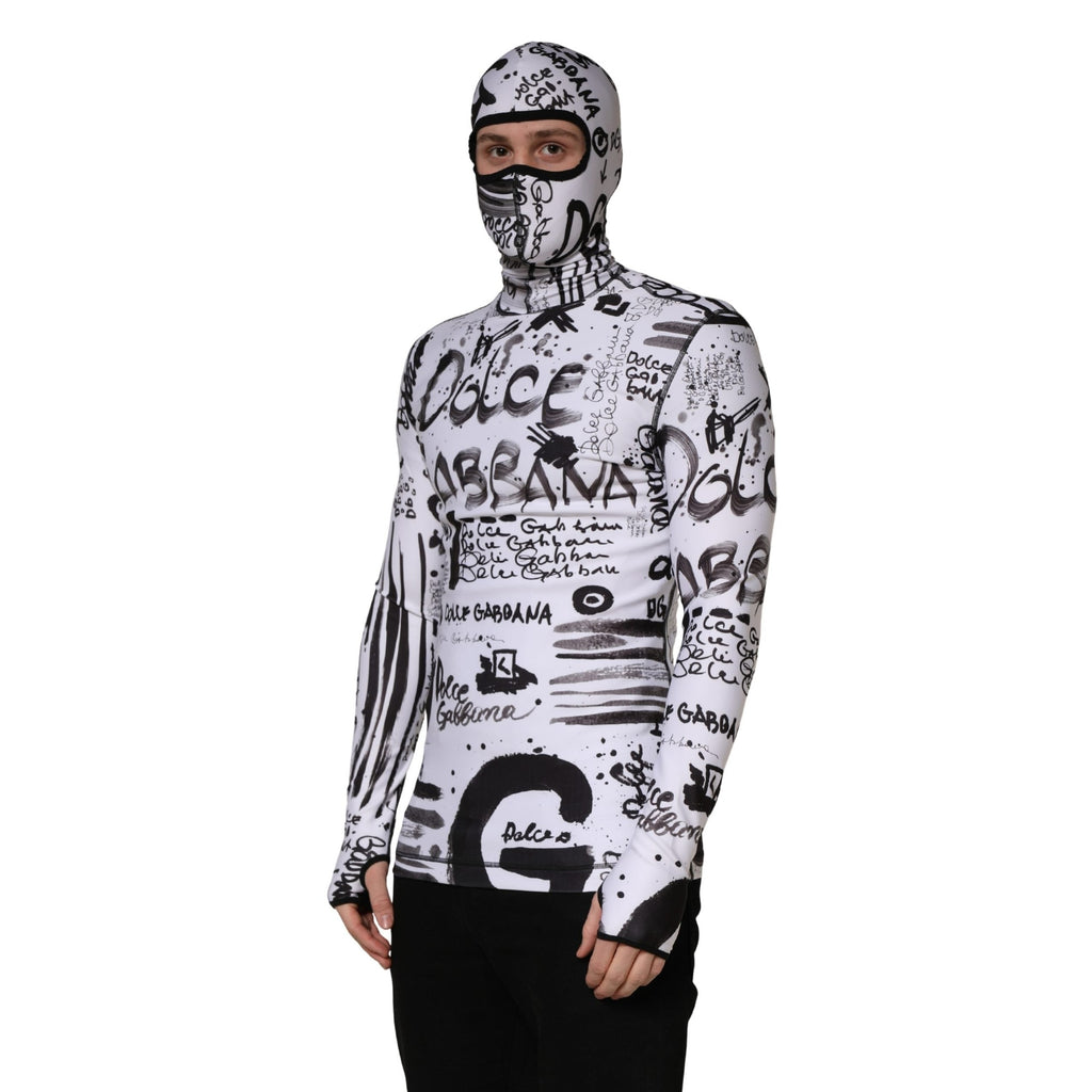 Dolce & Gabbana White Jersey Graffiti Print Balaclava Hood Sweater