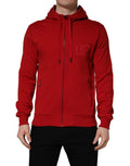 Dolce & Gabbana red embroidered logo hooded full zip sweater with front pockets and ribbed cuffs, casual and stylish.