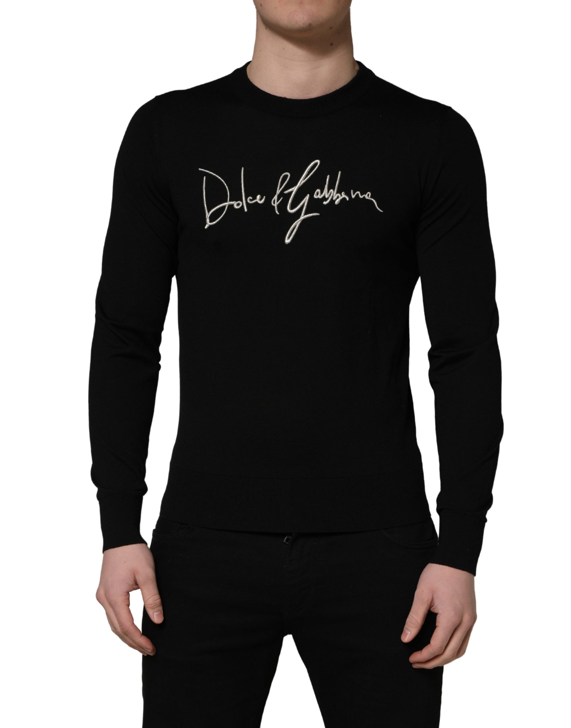 Dolce & Gabbana Black embroidered Logo Crew Neck Pullover Sweater Dolce & Gabbana