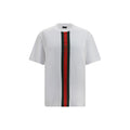 White cotton Gucci T-shirt with classic logo design, featuring a comfortable fit and short sleeves.