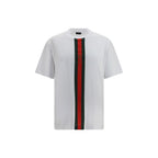 White cotton Gucci T-shirt with classic logo design, featuring a comfortable fit and short sleeves.