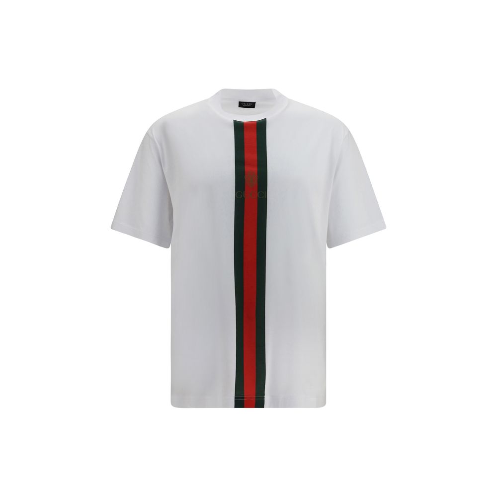White cotton Gucci T-shirt with classic logo design, featuring a comfortable fit and short sleeves.