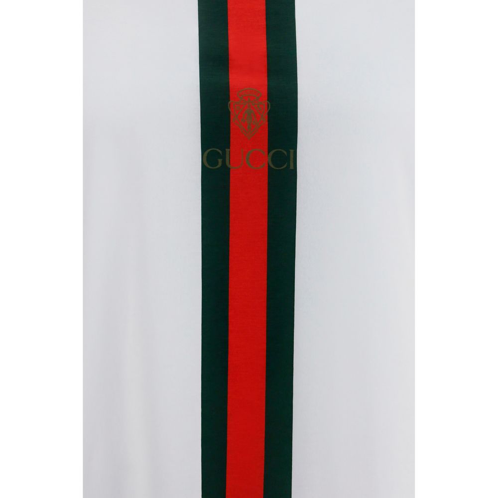 Gucci white cotton T-shirt featuring classic fit and brand logo, displayed on a neutral background.