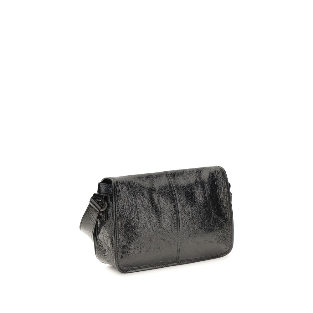 Balenciaga black lamb leather Ovis Aries shoulder bag with silver hardware and structured design.
