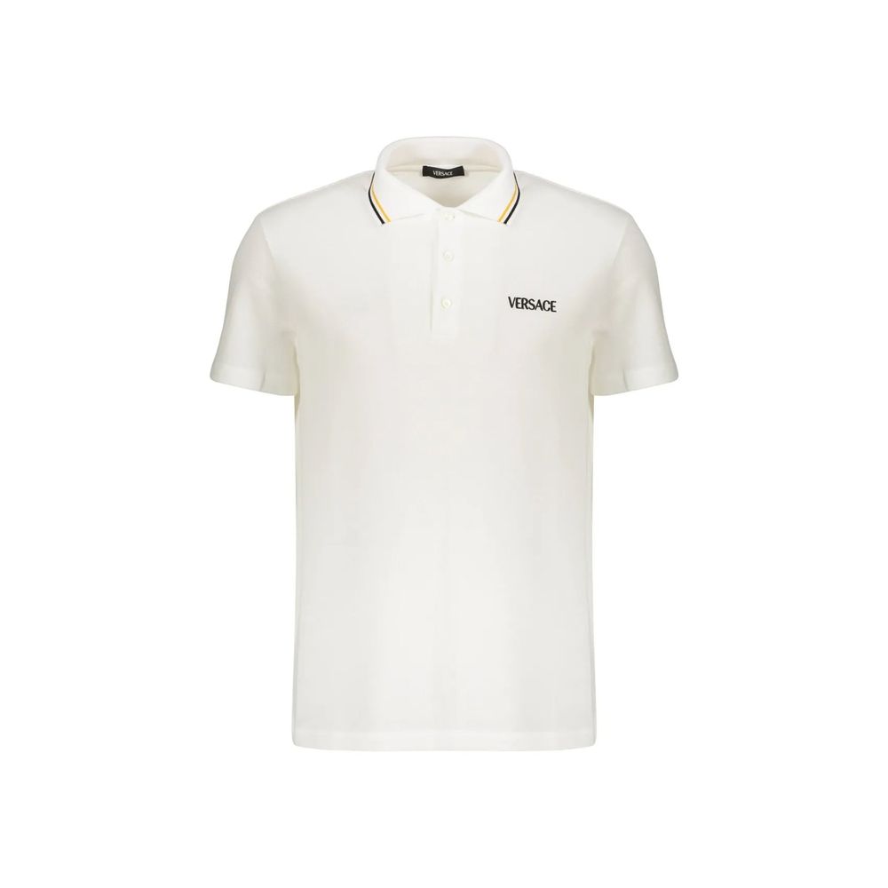 Versace white cotton T-shirt with classic crew neck and brand logo detail on front, casual and comfortable men's clothing.