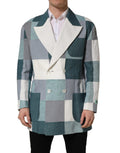 Dolce & Gabbana multicolor patchwork linen double-breasted jacket displayed on a hanger, showcasing vibrant patchwork design.