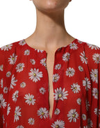 Dolce & Gabbana Red Floral V-neck Polyester Kaftan Blouse Top
