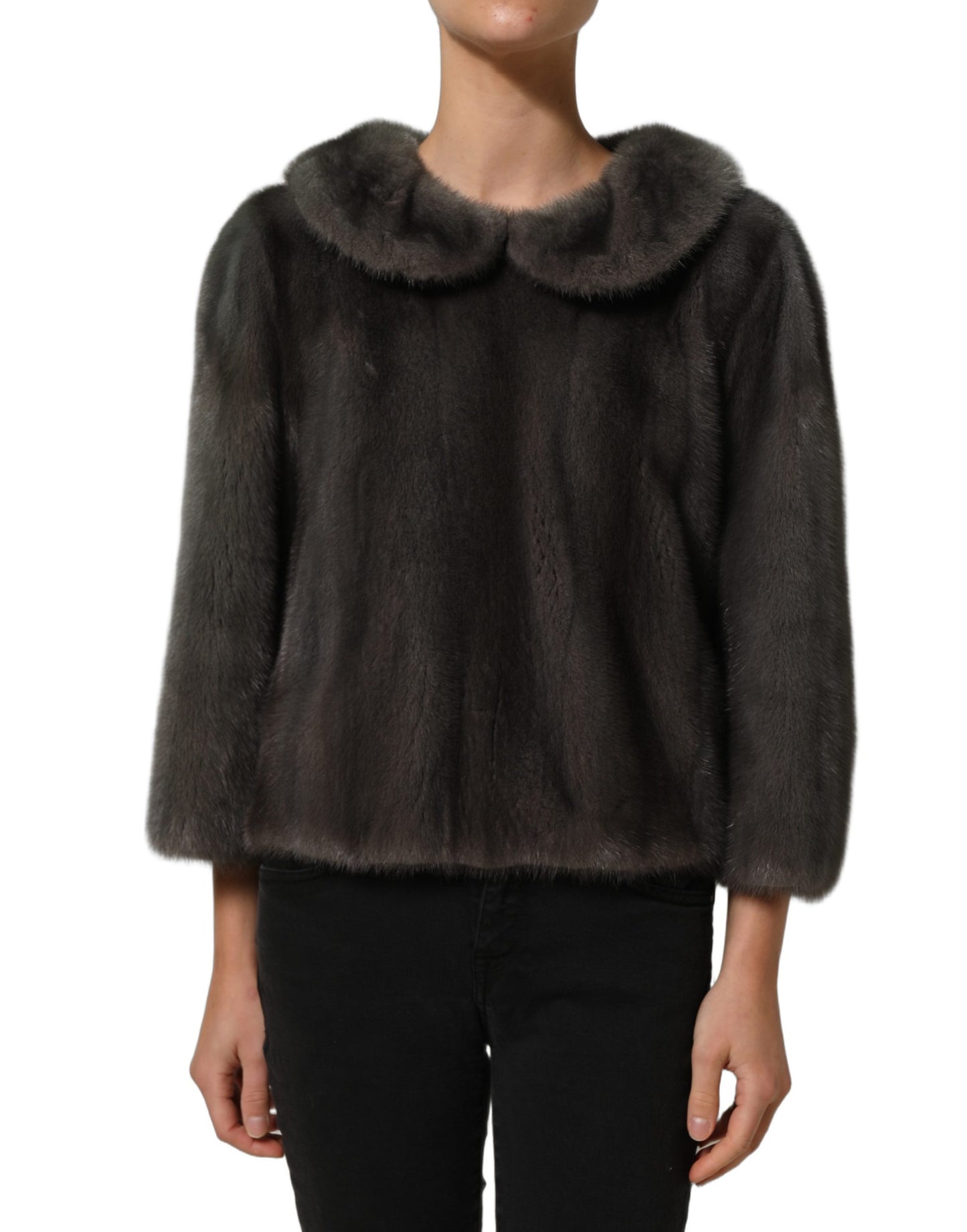 Dolce & Gabbana Dark Gray Mink Fur Round Collar Blouse Top Dolce & Gabbana