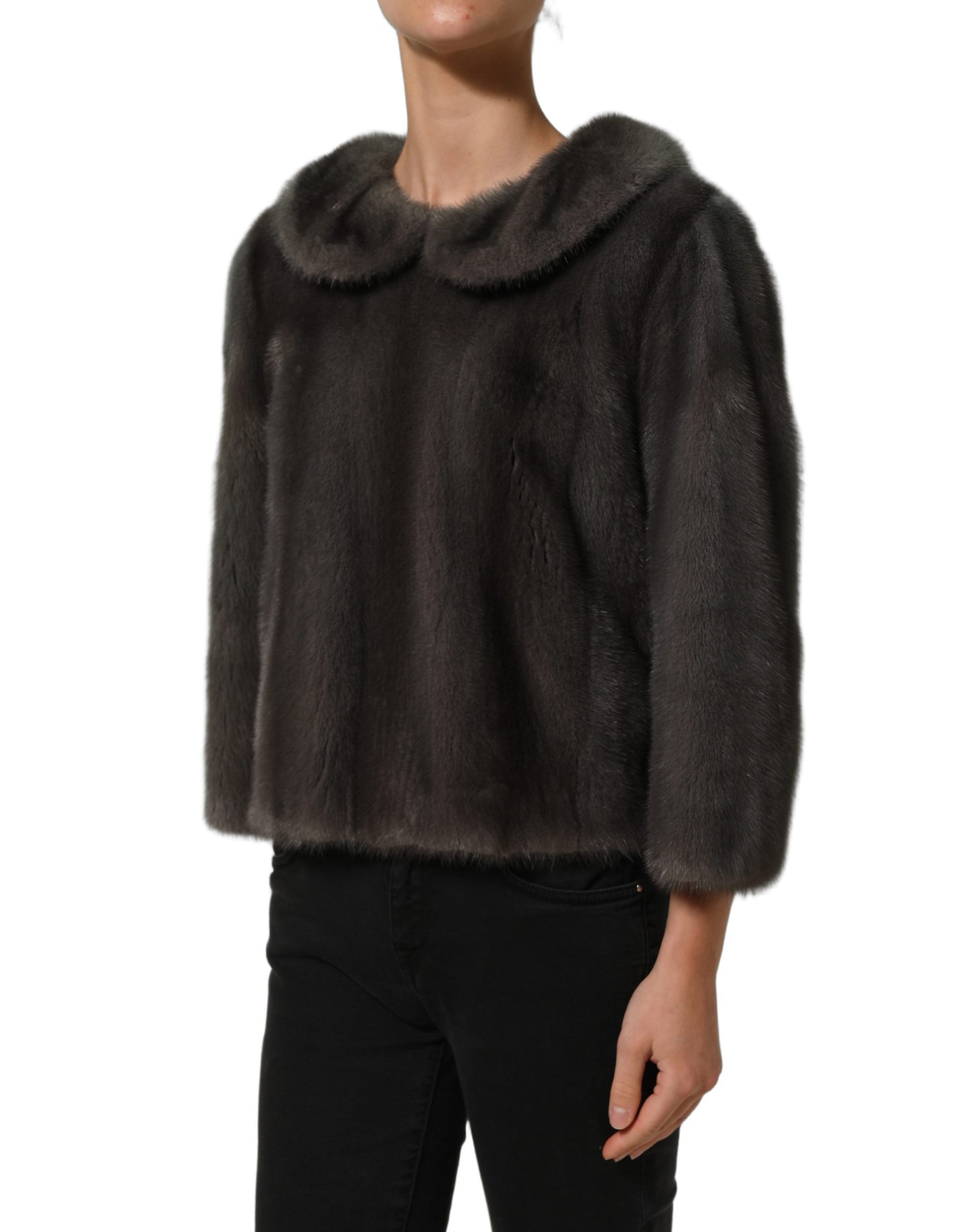 Dolce & Gabbana Dark Gray Mink Fur Round Collar Blouse Top Dolce & Gabbana