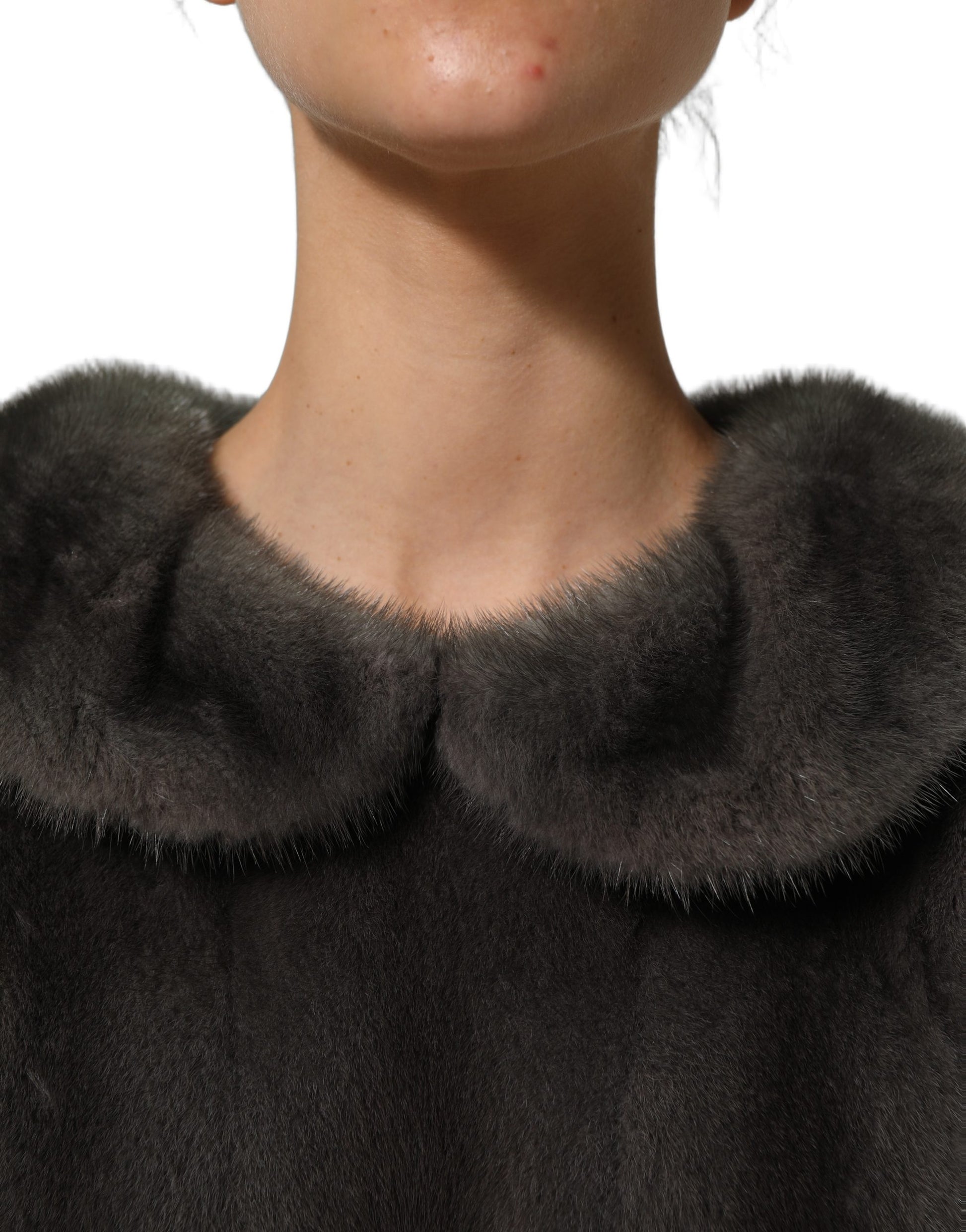 Dolce & Gabbana Dark Gray Mink Fur Round Collar Blouse Top Dolce & Gabbana