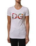 White Dolce & Gabbana T-shirt with DG logo embellishments and round neckline, casual style with logo detail.