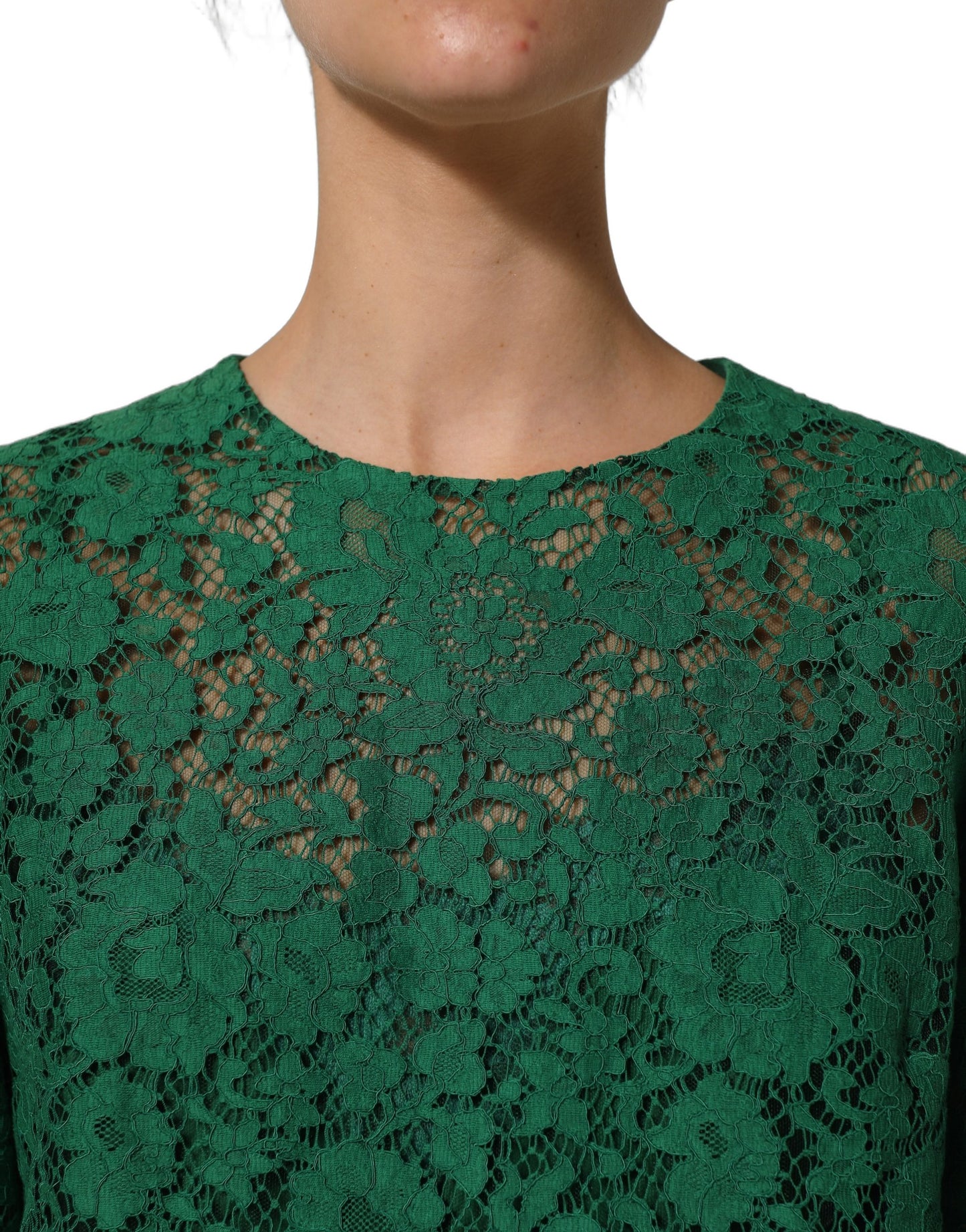 Dolce & Gabbana Green Floral Lace Round Neck Blouse Top Dolce & Gabbana