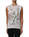 Dolce & Gabbana white silk knit tank top featuring a garden fountain print, casual sleeveless design, stylish and lightweight.
