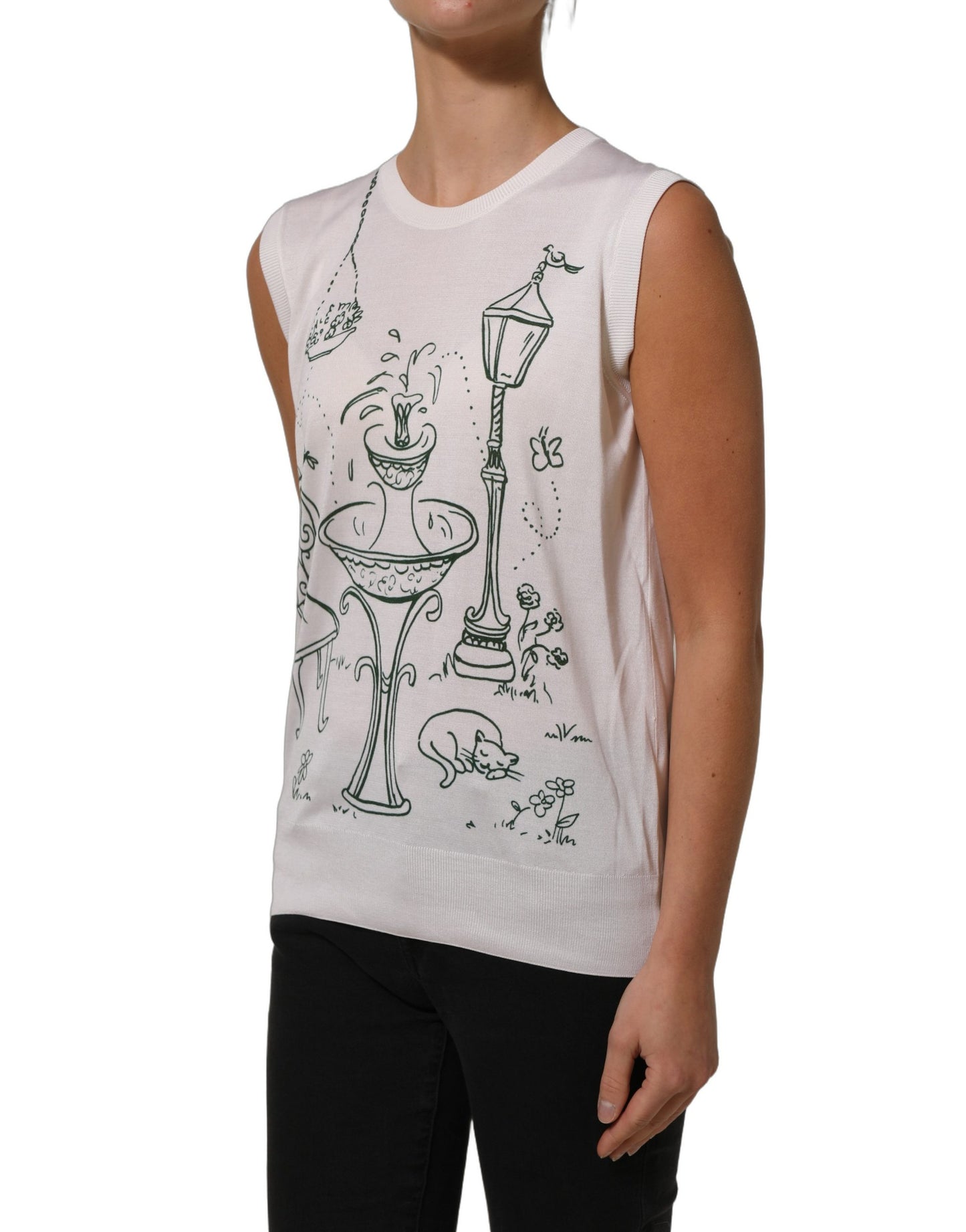 Dolce & Gabbana White Silk Knit Garden Fountain Print Tank Top Dolce & Gabbana