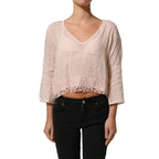 PINK MEMORIES Light Pink Linen V-Neck Long Sleeves Blouse Top