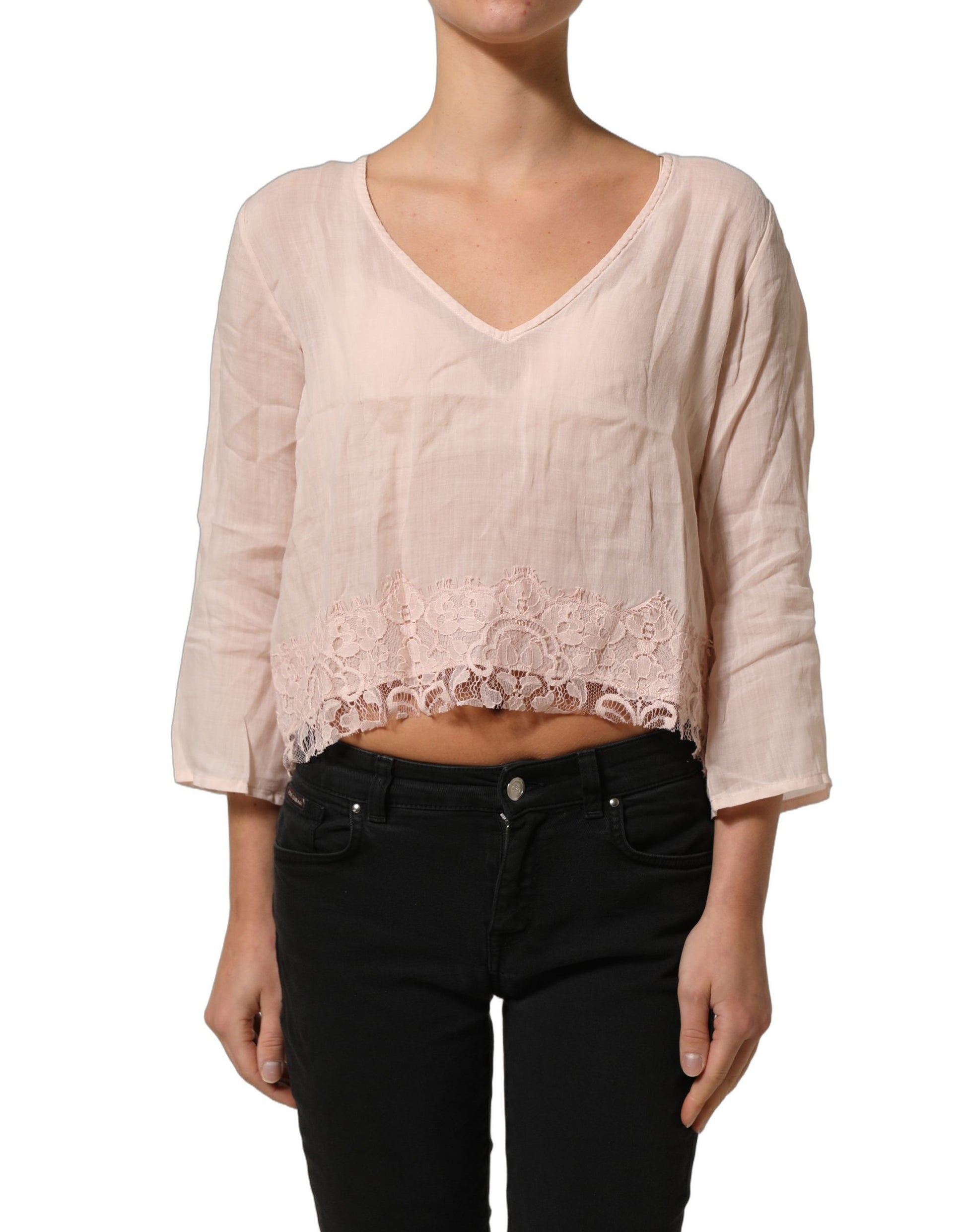 PINK MEMORIES Light Pink Linen V-Neck Long Sleeves Blouse Top PINK MEMORIES