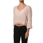 PINK MEMORIES Light Pink Linen V-Neck Long Sleeves Blouse Top