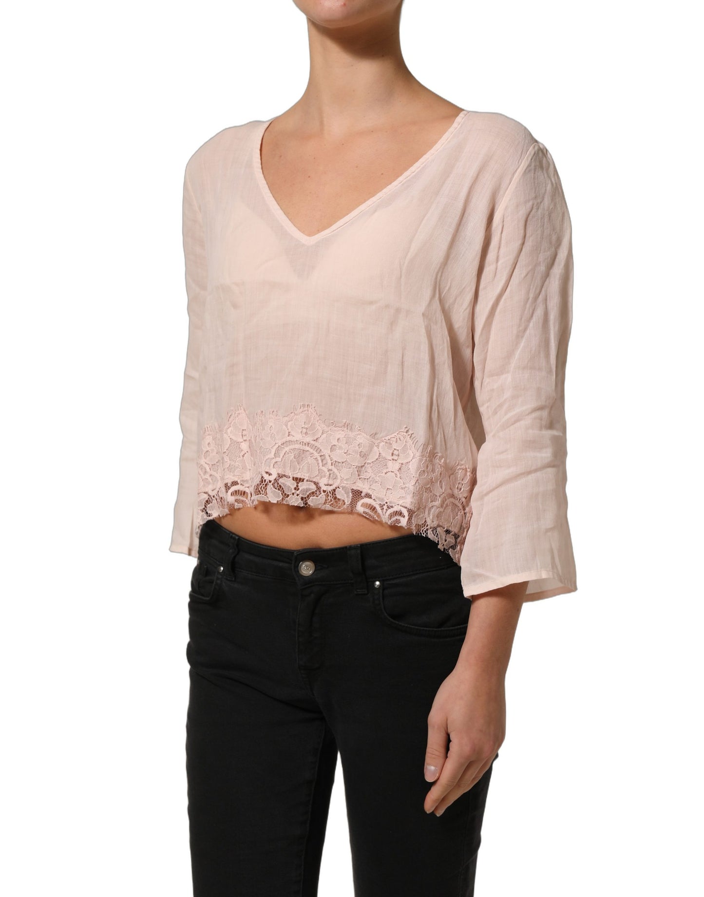 PINK MEMORIES Light Pink Linen V-Neck Long Sleeves Blouse Top PINK MEMORIES