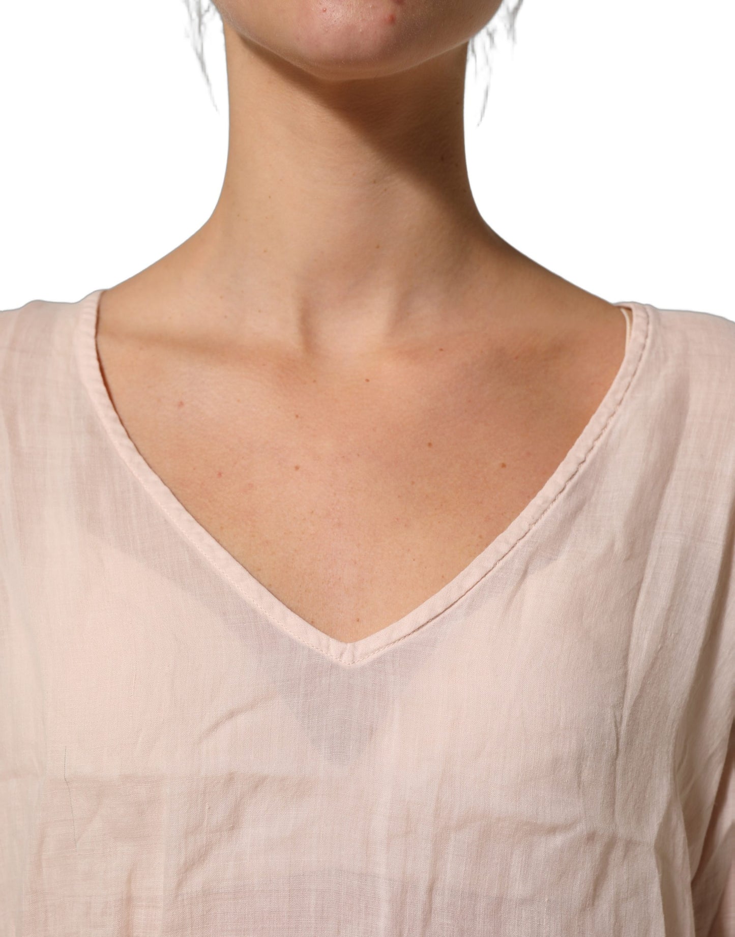 PINK MEMORIES Light Pink Linen V-Neck Long Sleeves Blouse Top PINK MEMORIES