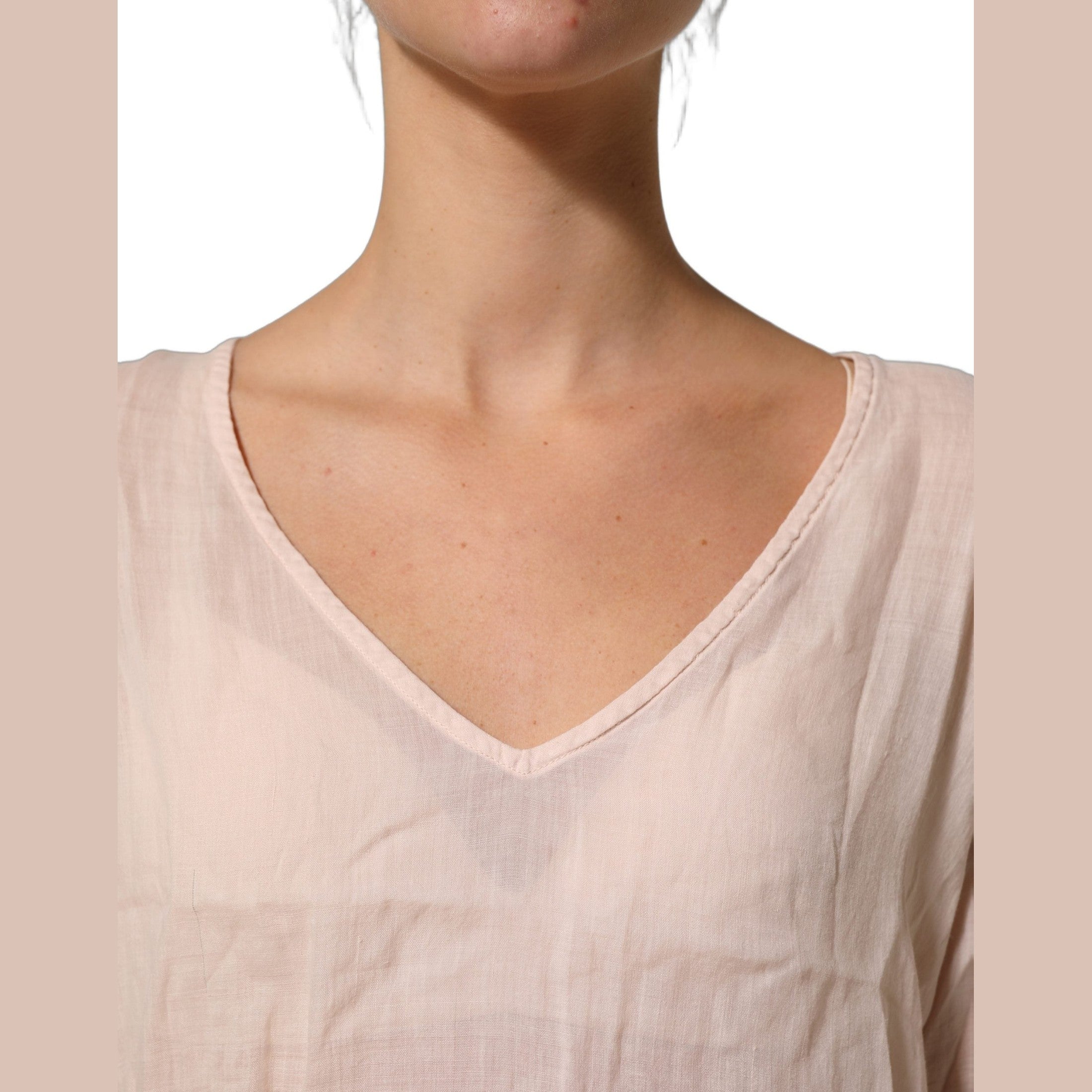 PINK MEMORIES Light Pink Linen V-Neck Long Sleeves Blouse Top