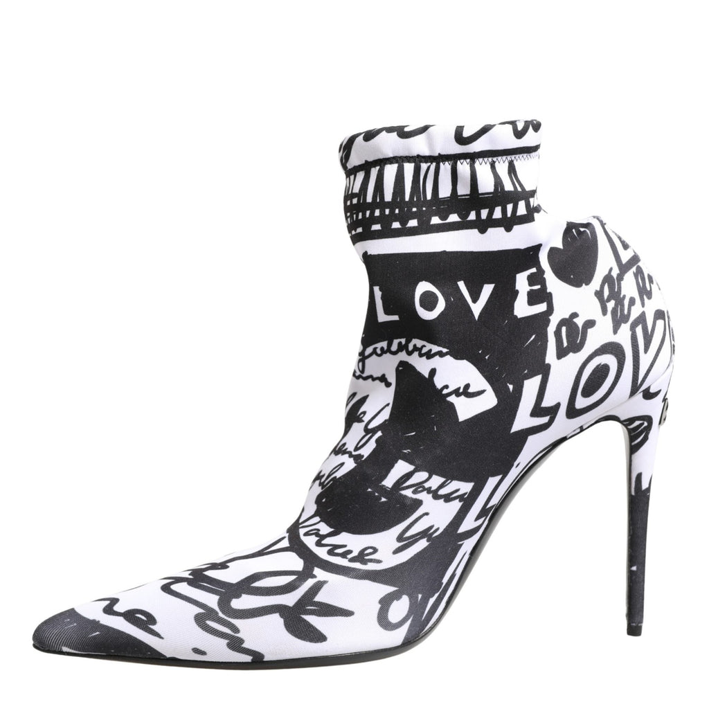 Dolce & Gabbana White Graffiti Stretch Ankle Boots Shoes