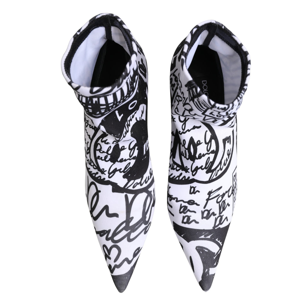 Dolce & Gabbana White Graffiti Stretch Ankle Boots Shoes