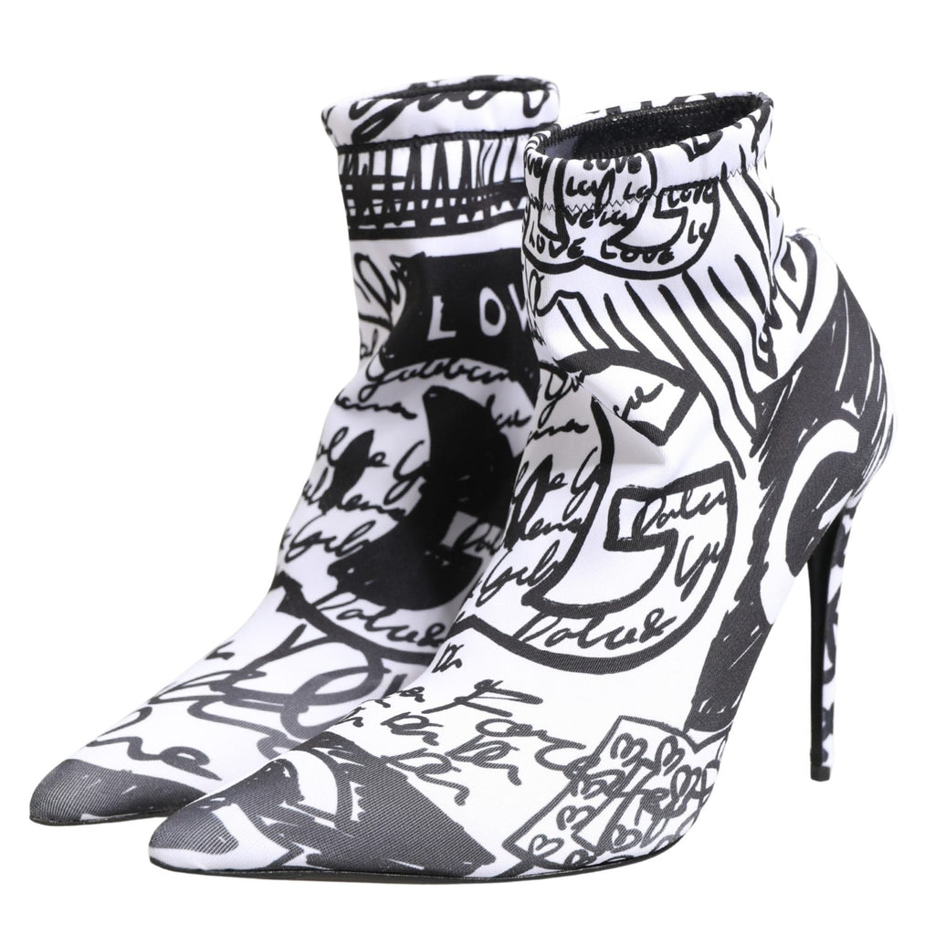 Dolce & Gabbana White Graffiti Stretch Ankle Boots Shoes