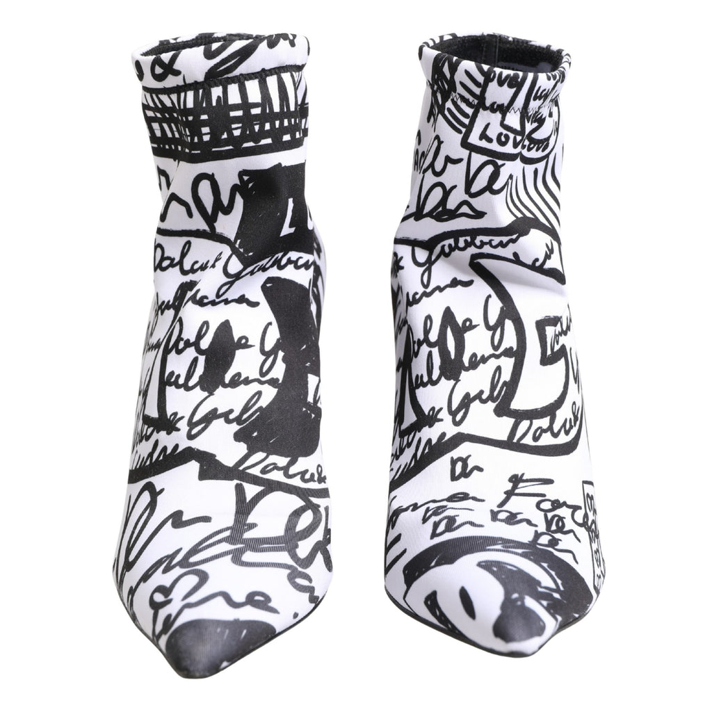 Dolce & Gabbana White Graffiti Stretch Ankle Boots Shoes
