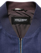 Dolce & Gabbana Blue Linen Full Zip Men Bomber Jacket