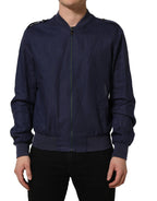 Dolce & Gabbana Blue Linen Full Zip Men Bomber Jacket