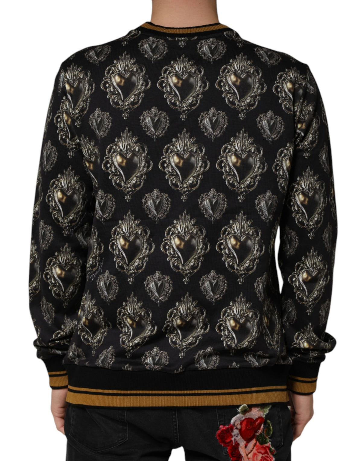 Black cotton sweatshirt by Dolce & Gabbana featuring a sacred heart graphic on the front.
