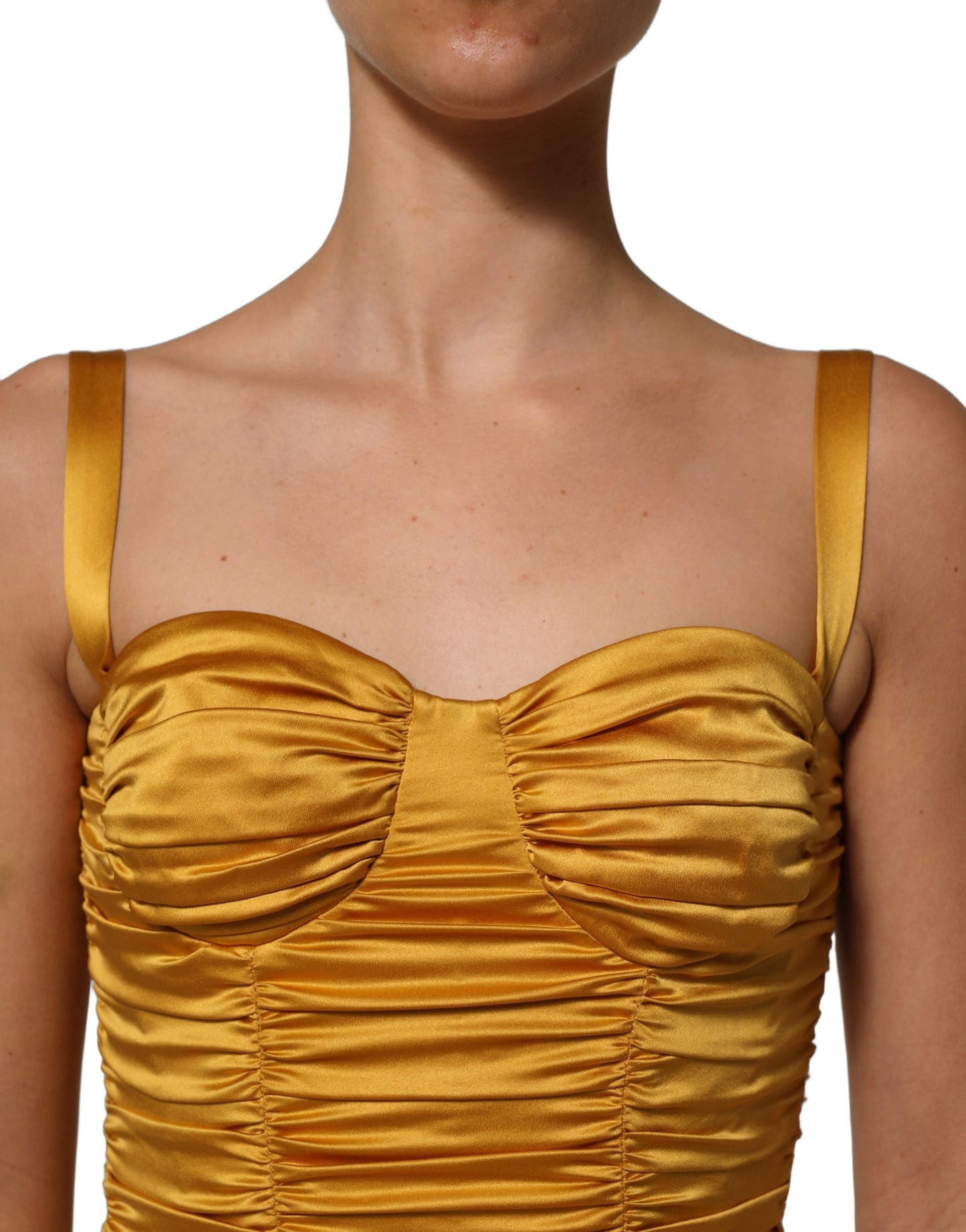 Dolce & Gabbana Gold Silk Ruched Bodycon Sheath Midi Dress Dolce & Gabbana