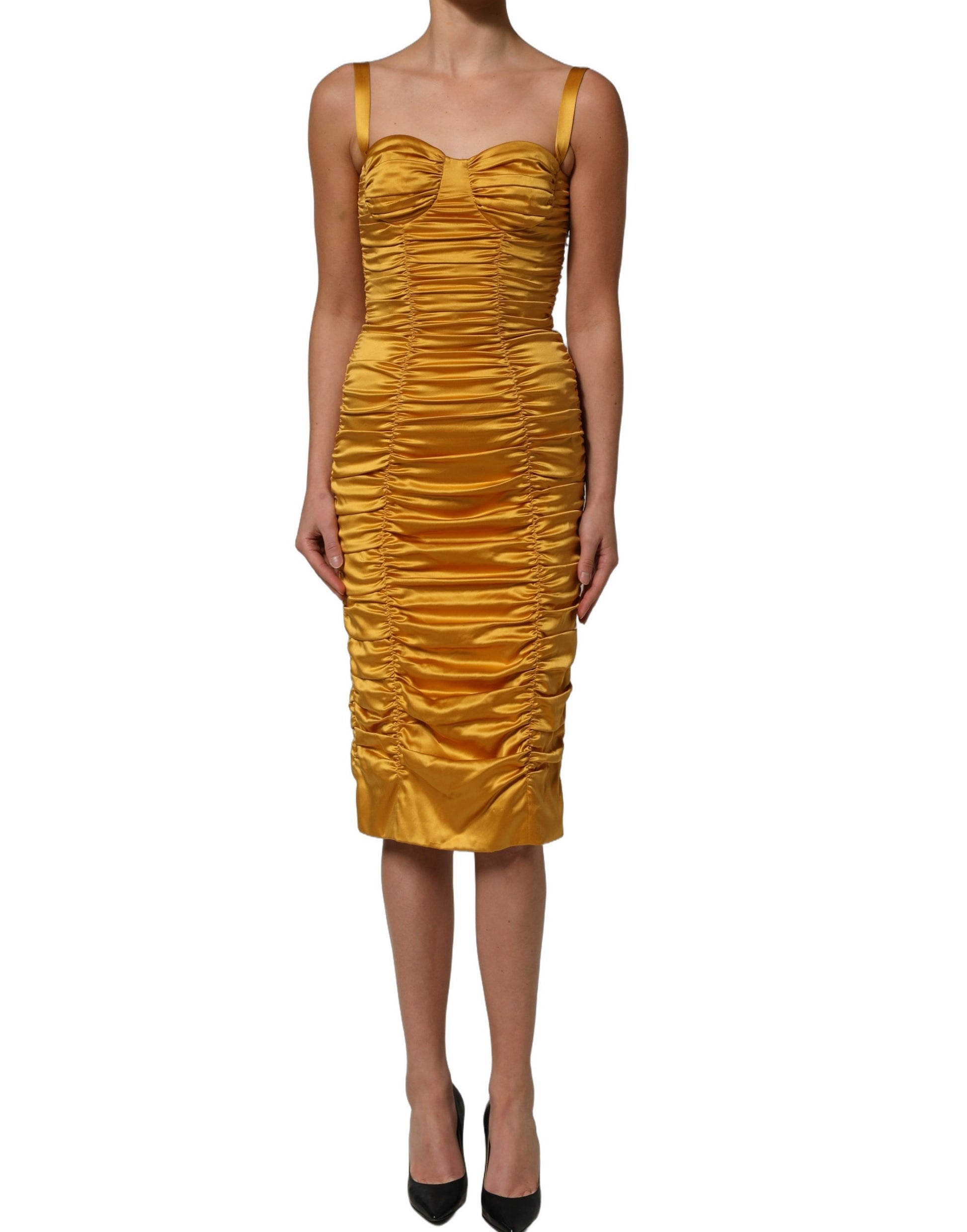 Dolce & Gabbana Gold Silk Ruched Bodycon Sheath Midi Dress Dolce & Gabbana
